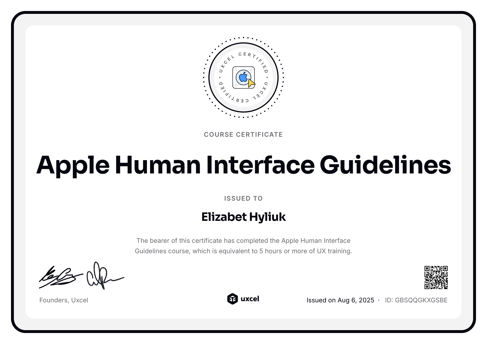 Elizabet Hyliuk's certificate